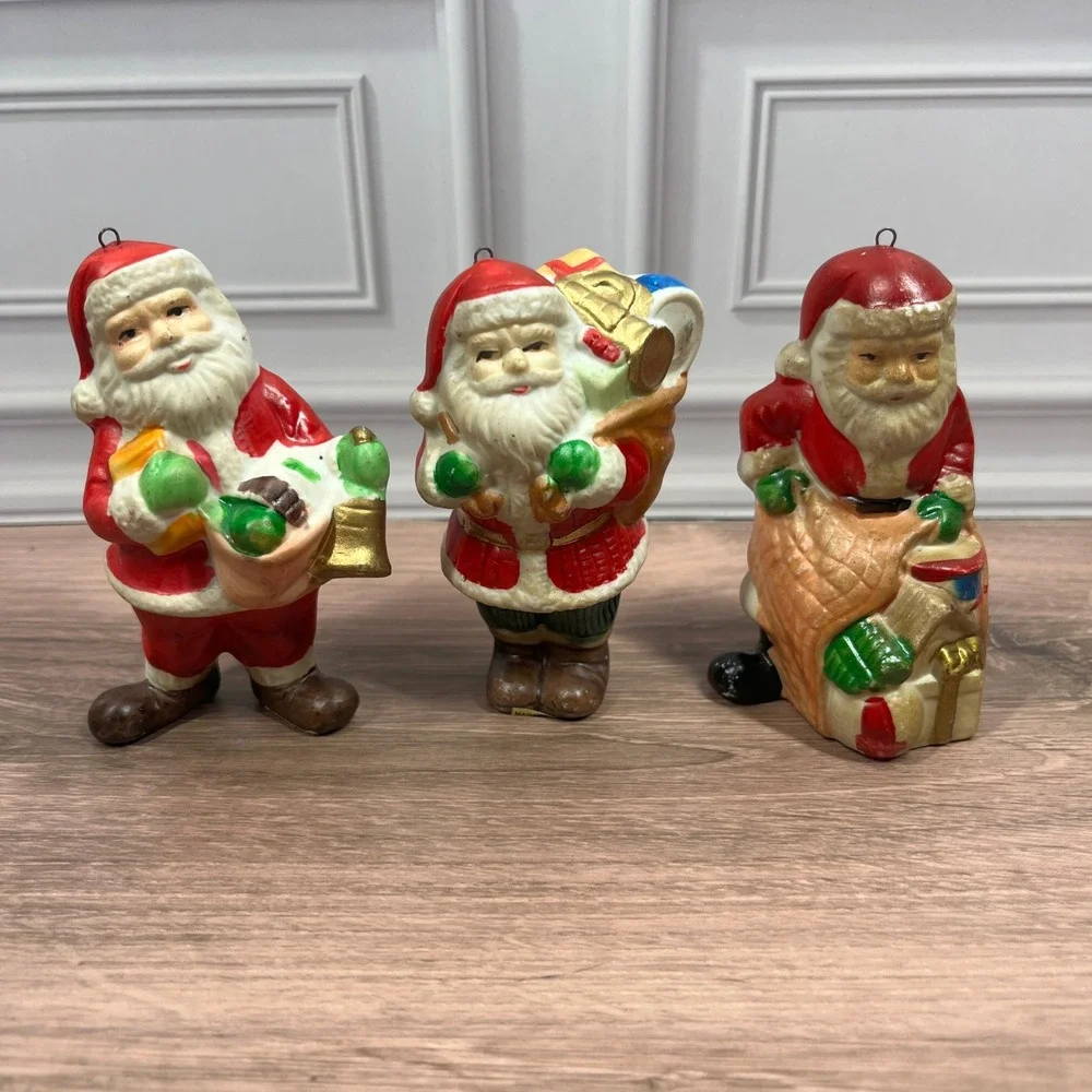 Vintage R.O.C Santa Claus Figurine Set 3 Ceramic Christmas Ornaments Taiwan
